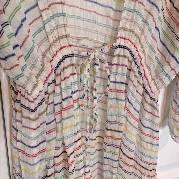 Calypso St. Barth White Multi Color Stripe Silk Tie Front Beaded Swim Cover - Picture 4 of 7